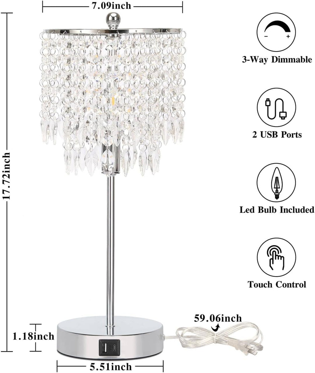 Crystal Table Lamp Set of 2 Touch Control, Crystal Lamps with USB Ports Elegant Shade Bedside Lamp Silver, Dimmable Touch Table Lamp for Nightstand Bedroom Living Room, 4W LED Bulb Included