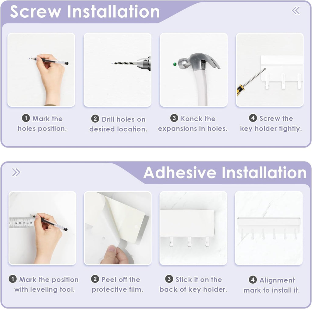 VIS'V Key Holder Wall Mount, Adhesive Key Rack with Tray, 6 Hooks, White