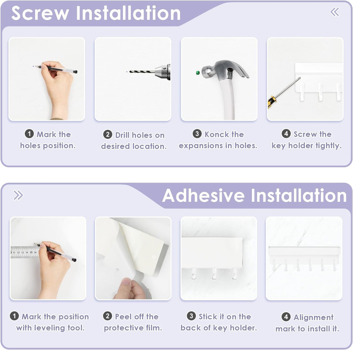 VIS'V Key Holder Wall Mount, Adhesive Key Rack with Tray, 6 Hooks, White