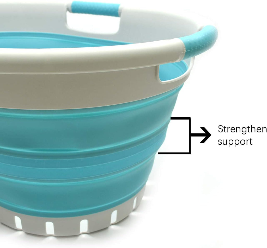 SAMMART 36L (9.5 gallon) Collapsible 3 Handled Plastic Laundry Basket-Foldable Pop Up Storage Container/Organizer-Space Saving Basket (3 handled Oval, Grey/Bright Blue)
