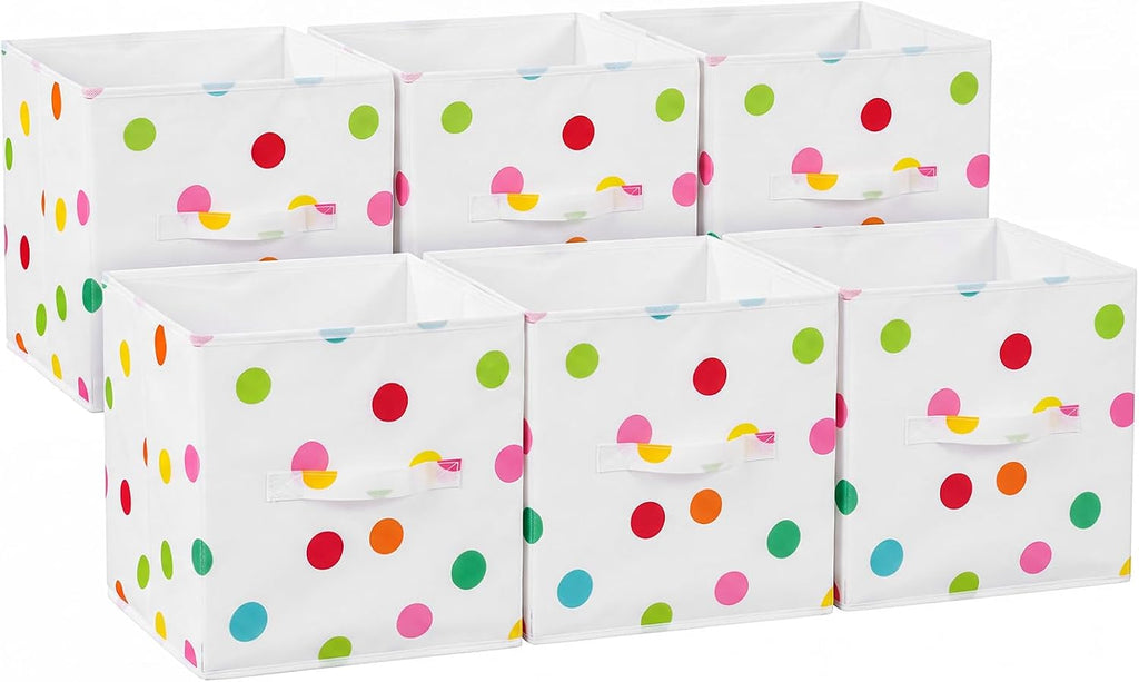 6 Pcs 11 Inch Colorful Dots Cube Storage Bins Collapsible Storage Organizer with Handles Fabric Container Baskets for Closet Clothes Toys Book Room Home Organization