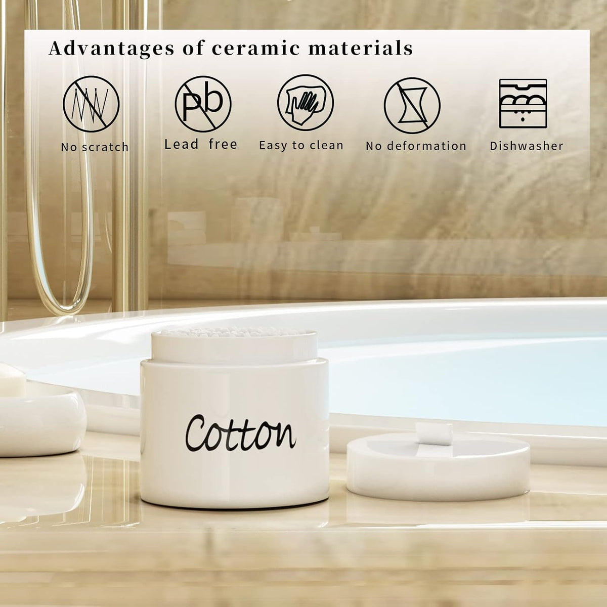 LEETOYI Ceramic Cotton Swabs Holder Organizer with Lid,Storage Canisters for Cotton Swabs, White
