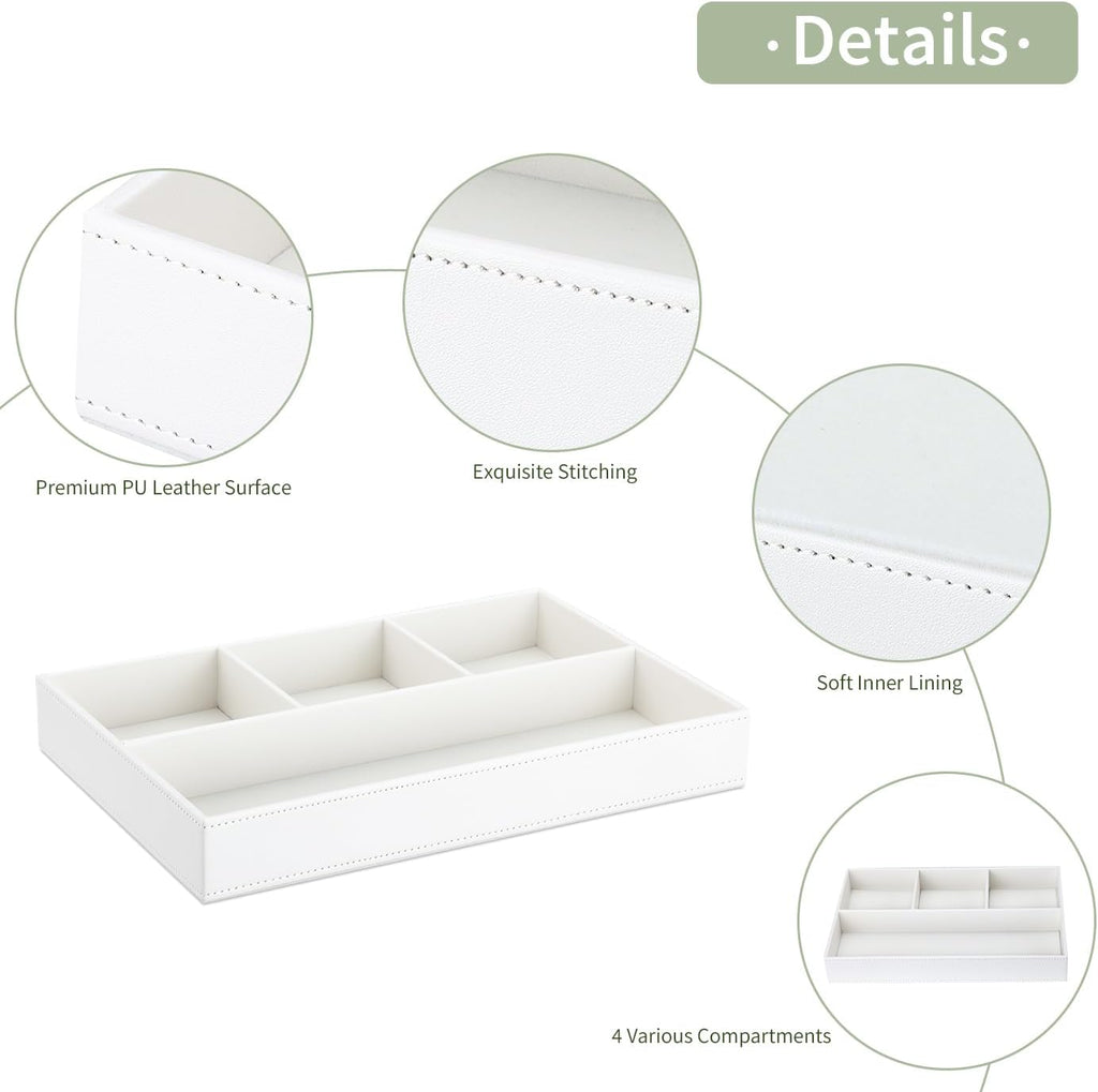 GORESE Faux Leather Valet Tray, Stackable Jewelry Trays for Dresser Table Drawer, Nightstand Organizer for Men Women, EDC Catch All Tray for Trinket, Key, Purse, Sunglass, Watch, Cologne, White