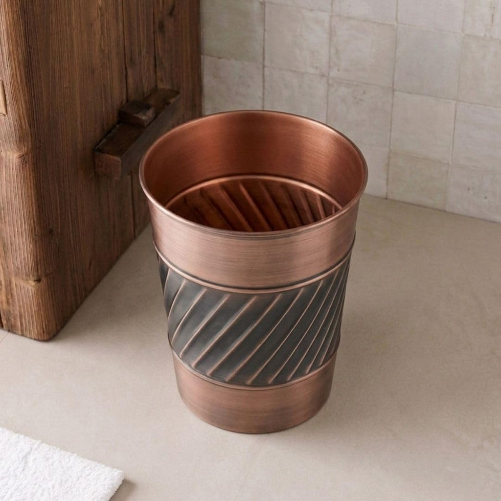 Monarch Abode Metal Bathroom Trash Can – Waste Basket for Bedroom, Office Desk, & Dorm, Handcrafted Wave Embossed, Durable Decorative Antique Copper Small Trash Can Bathroom Garbage Bin Wastebasket