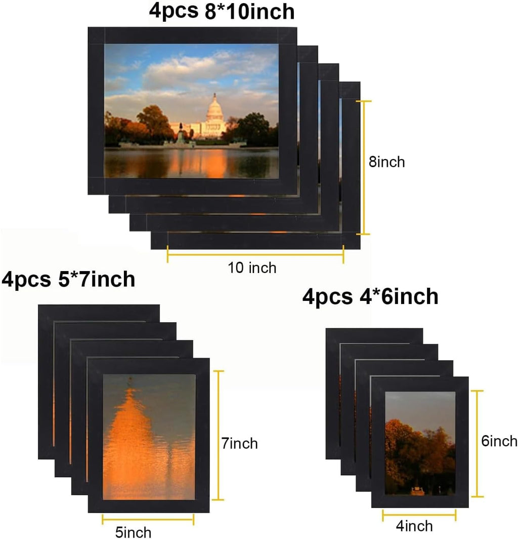 12 Pack Picture Frames Collage Wall Decor Gallery Wall Frame Set with Four 8x10,Four 5x7,Four 4x6 Photo Frames,Farmhouse wood Frames for living room Wall Gallery Decor or Tabletop Display,Black