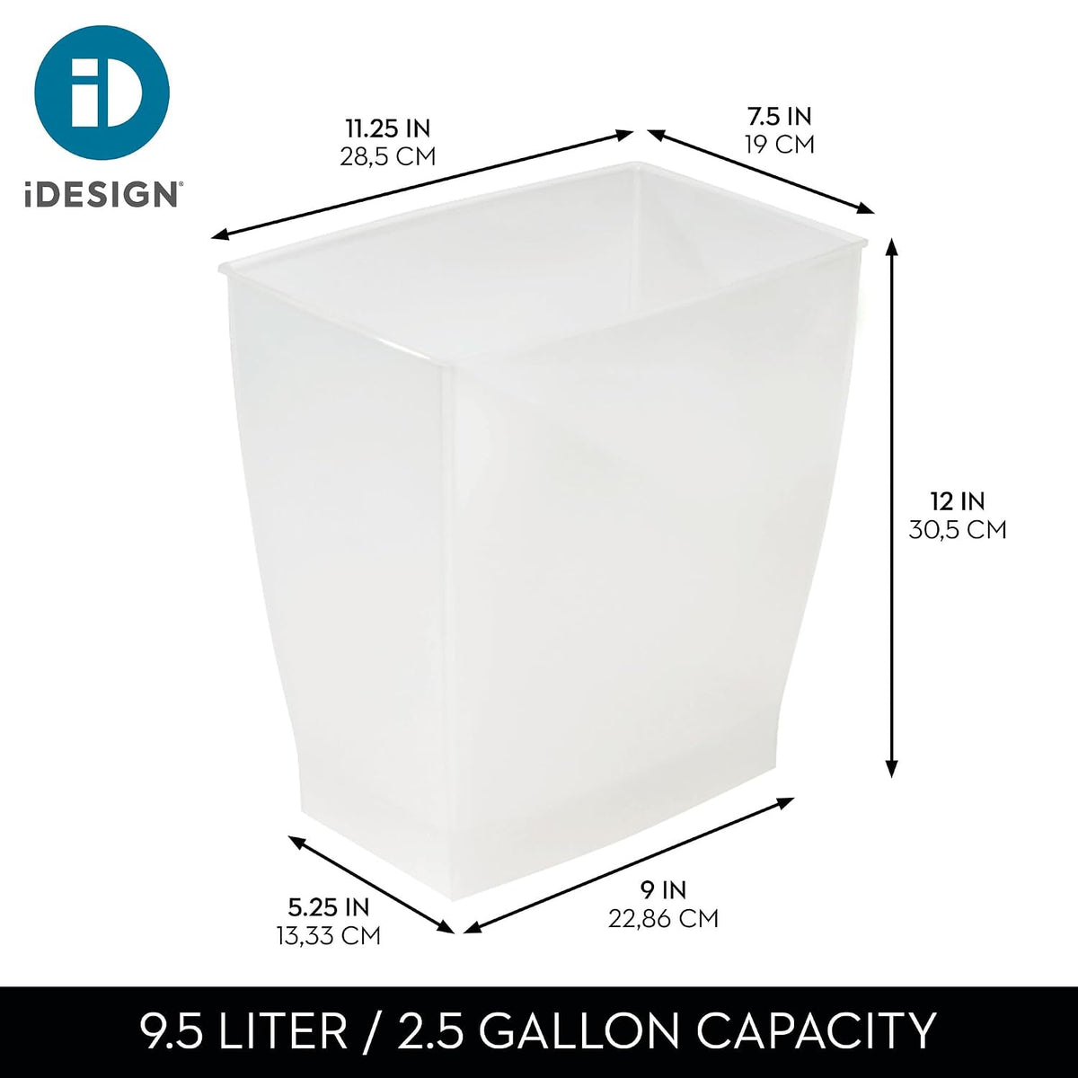 iDesign Small Plastic Bathroom Trash Can, Slim Rectangle, 2-Pack, Frost