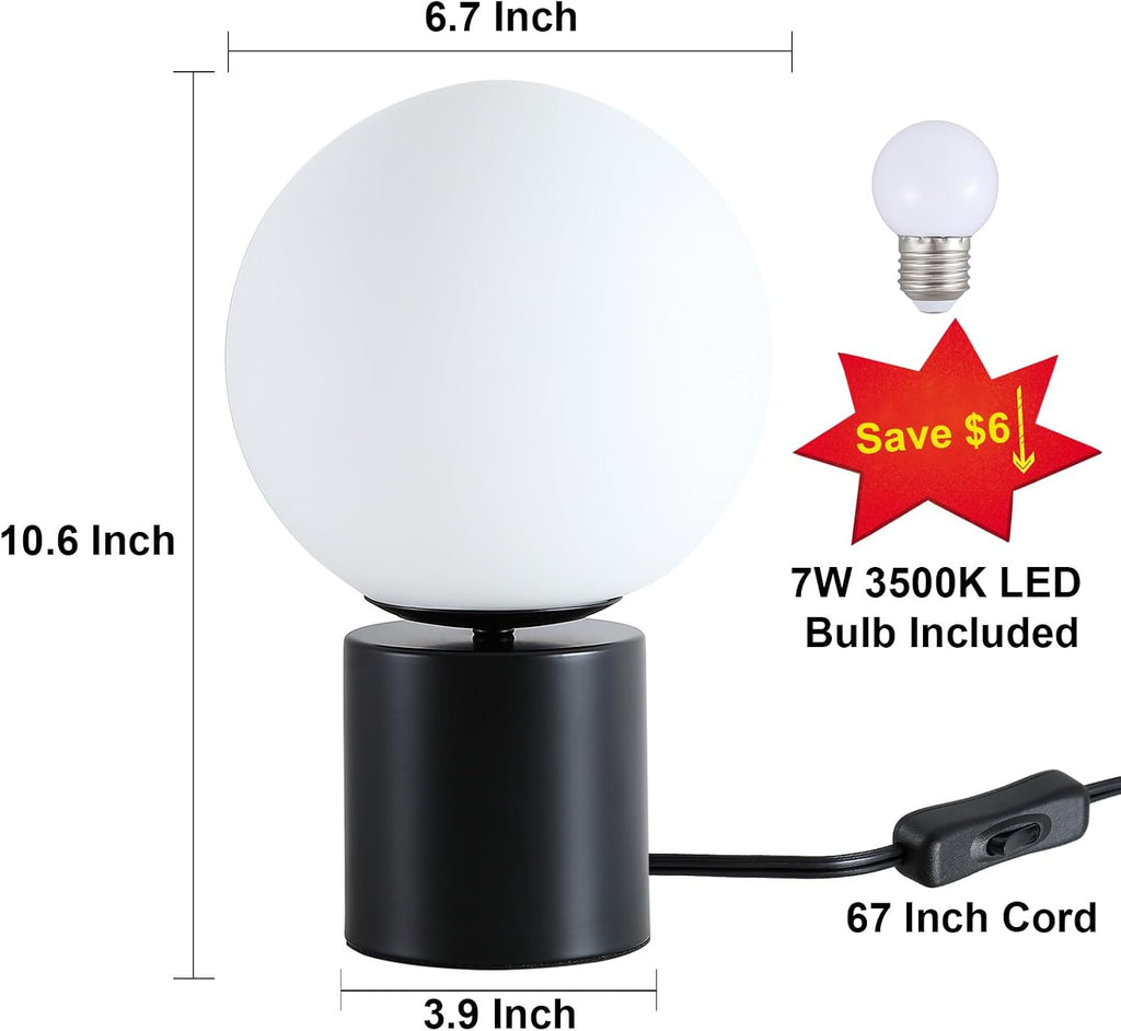 11 Inch Mid Century Modern Table Lamp, Black Bedside Lamp with White Glass Globe Shade, Metal Base Small Nightstand Lamp for Bedroom Kitchen Living Room End Table, Bulb Included