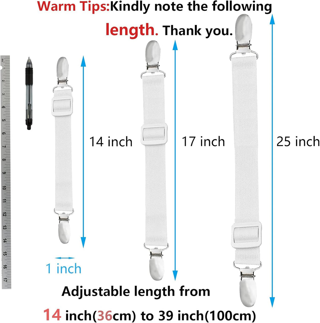 10 pcs Adjustable Bed Sheet Straps,Bed Sheet Clips, Elastic Bed Fitted Sheet Holder from 14 to 39 Inch,Couch/Sofa Cover Straps,Sheet Fastener Suspenders,Fitted Sheet Straps Clips,White