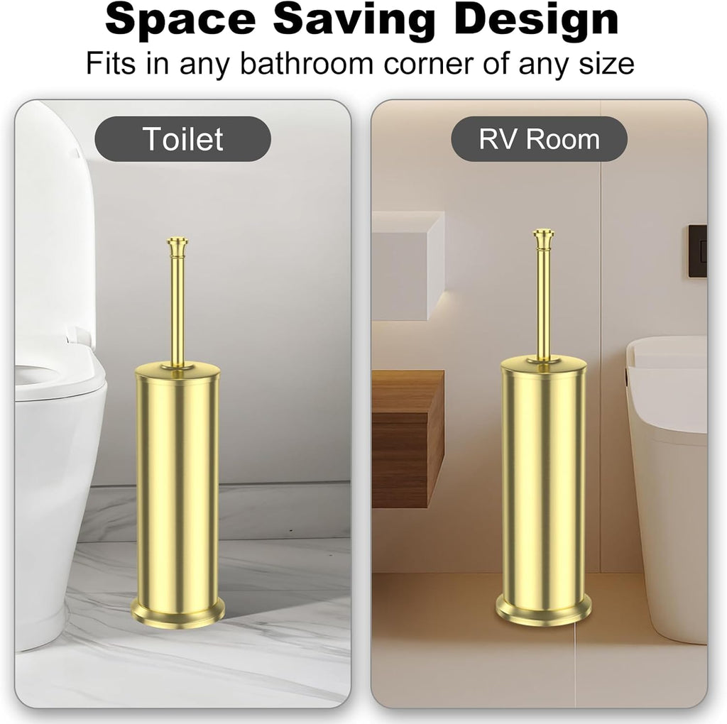 Gold Toilet Brush and Holder，Long Handled Gold Toilet Brush for Bathroom，Stainless Steel Heavy Duty Toilet Bowl Brush,Removable Inner Bowl,Deep Cleaning Dense Bristles Cleaner Brush -Space Saving