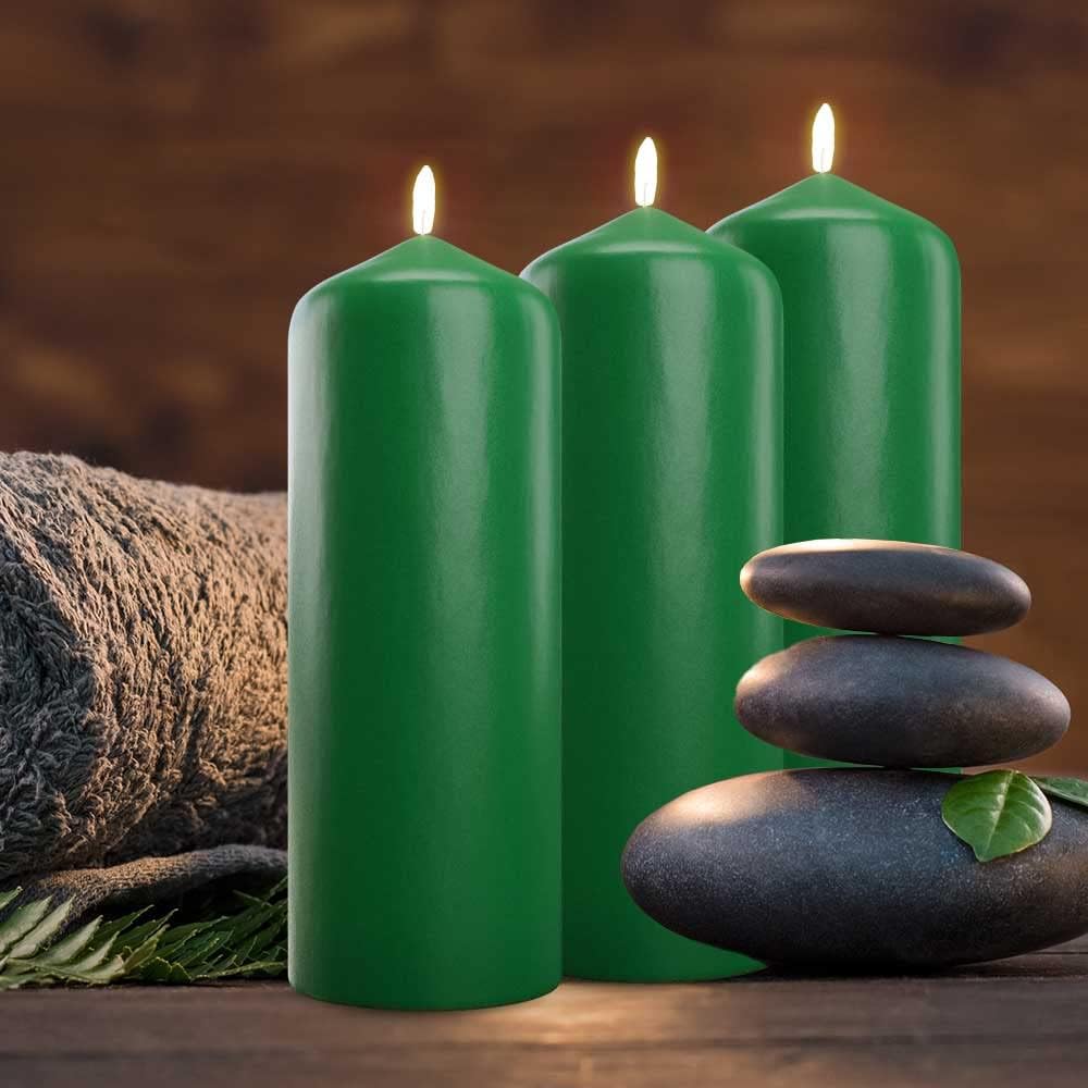 Cone Top Pillar Candles by Bask - Set of 6-3" x 6" Dripless Unscented Holiday Candles in Green for Home Decor, Relaxation & All Occasions