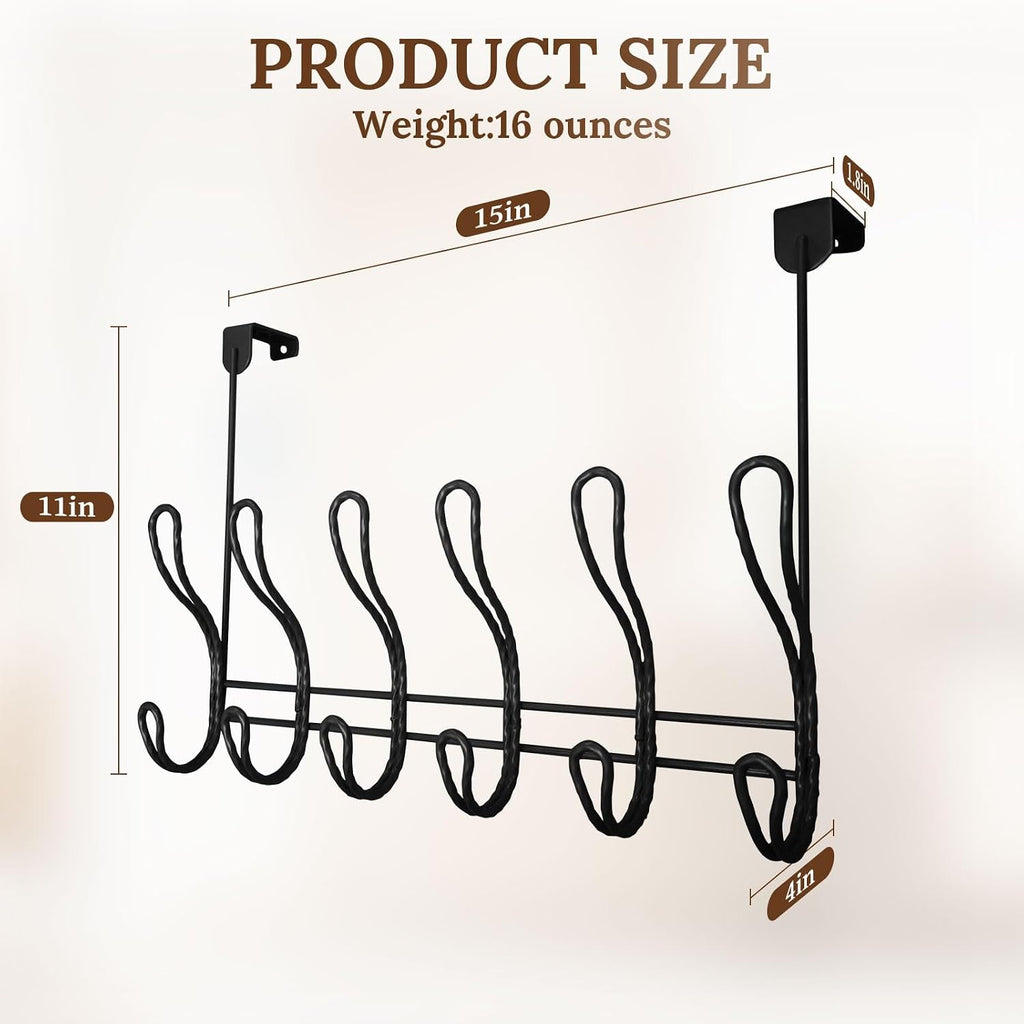 Twisted Design Over The Door Hook Rack With 12 Hooks - Towel, Coat Hanger for Bathroom, Bedroom or Laundry Room (Black)