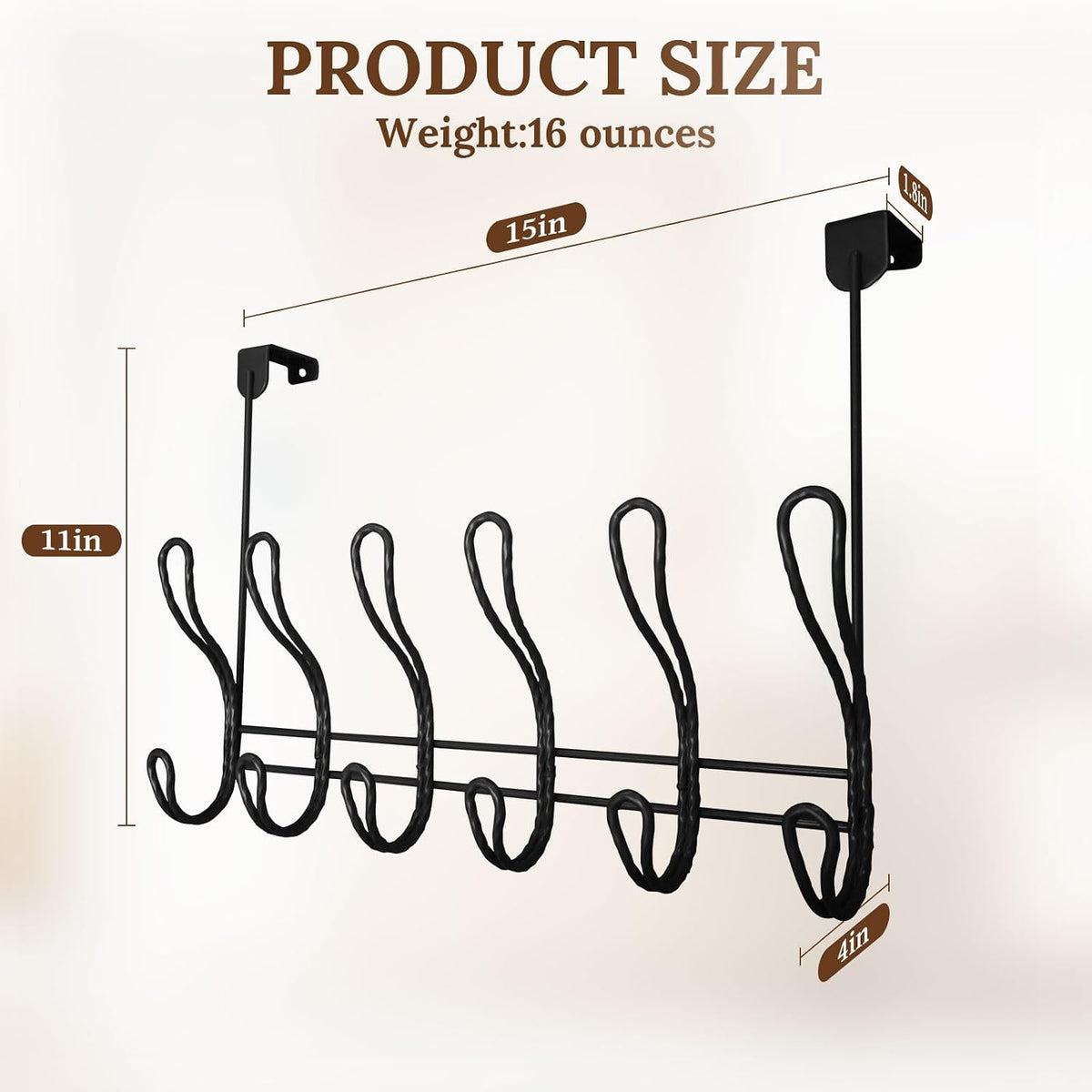 Twisted Design Over The Door Hook Rack With 12 Hooks - Towel, Coat Hanger for Bathroom, Bedroom or Laundry Room (Black)