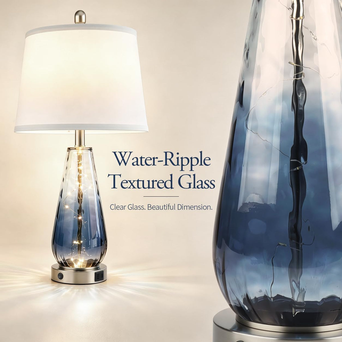 27'' Blue Table Lamps Set of 2, Large Glass Lamps, Modern Coastal Lamps