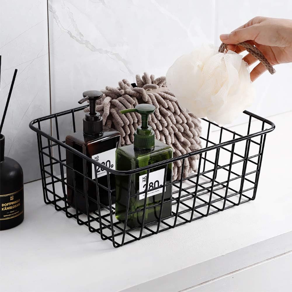 Wire Storage Baskets, Dveda 4 Pack 14.2" x 11.4" x 6.3" Large Metal Wire Storage Baskets, Black Pantry Organizer Baskets with Handles for Cabinets, Pantry Storage, Bathroom, Laundry, Garage