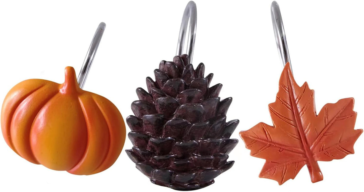 Estmy 12PCS Fall Autumn Shower Curtain Hooks Rings Fall Bathroom Decor Accessories Metal Rustproof Maple Leaf Pumpkins Pinecone Fall Leaves Thanksgiving Decorative Shower Hooks Rings for Curtains