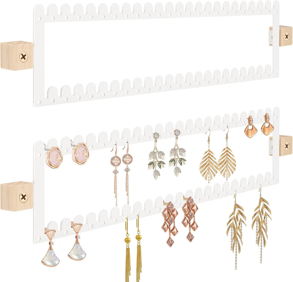 2 Tier Earring Holder Organizer Wall Mounted,2PCS Metal Earring Display Storage with 96 Holes and 92 Grooves Hanging Jewelry Organizer Tree for Stud/Hoop/Dangle Earrings Necklace(White)
