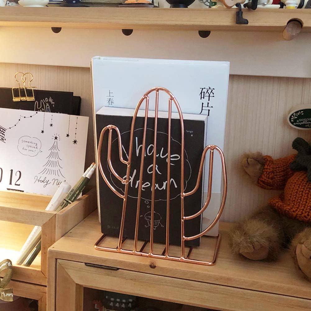 Winterworm Metal Bookends Book Ends Heavy Duty Modern Decorative for Bedroom Library Office School Book Display Desktop Organizer Gift (Cactus Rose Gold)