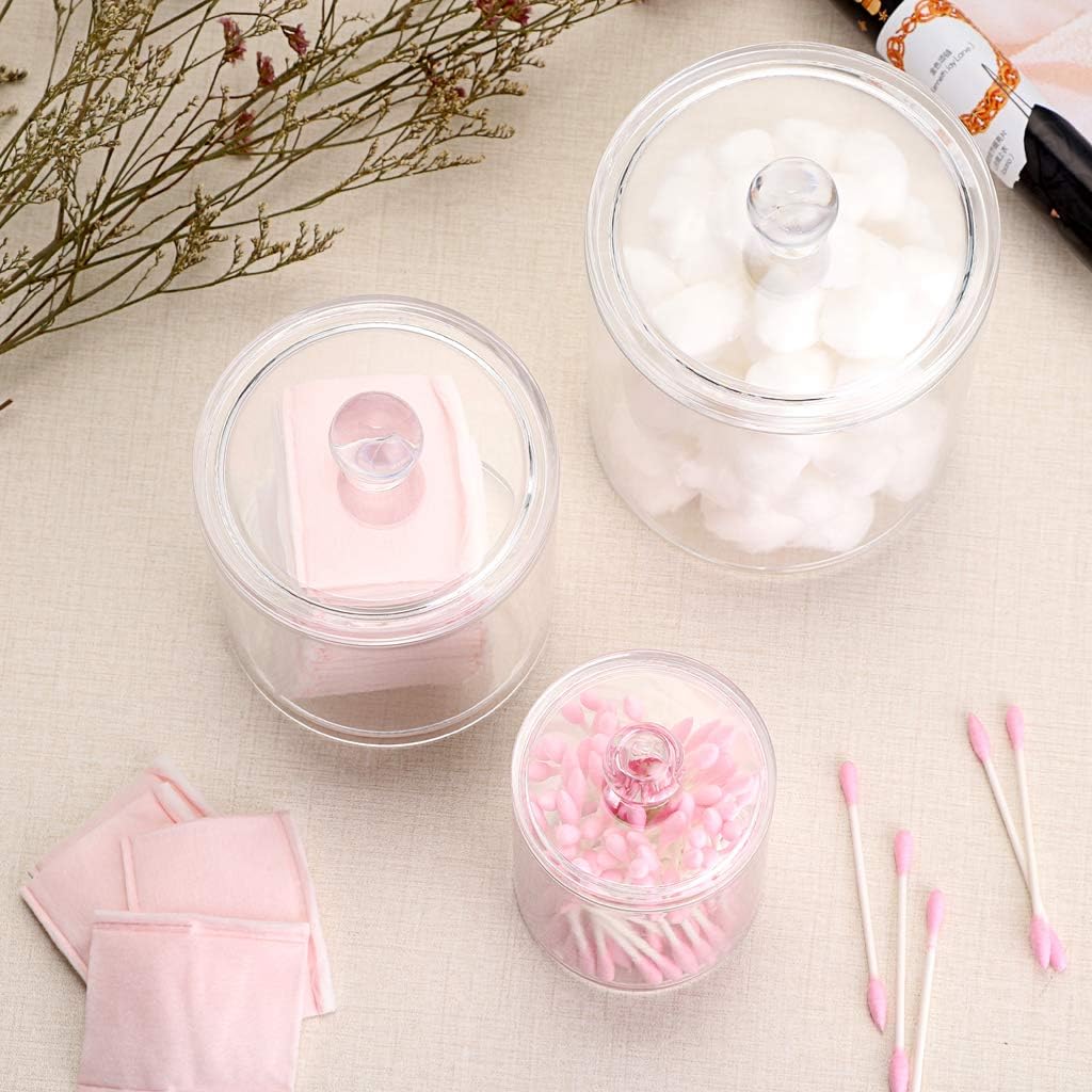 Hipiwe Set of 3 Cotton Ball and Swab Organizer Acrylic Q-Tips Jar with Lid