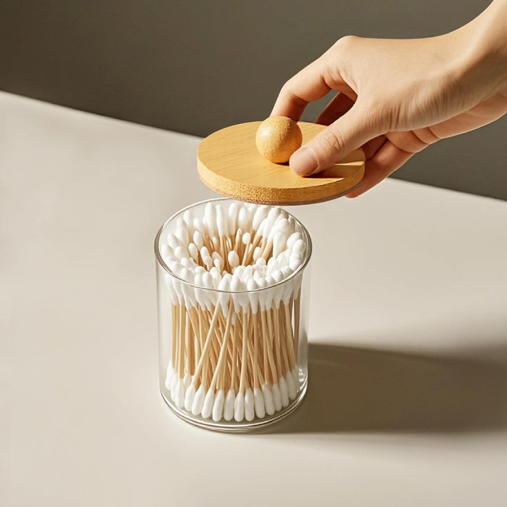 Bathroom Counter Organizer & Qtip Holder - 2-Piece 10oz Clear Plastic Apothecary Jar With Bamboo Lid, Cotton Swab Dispenser For Vanity Stuff, Hair Tie Storage & Boho Accessories