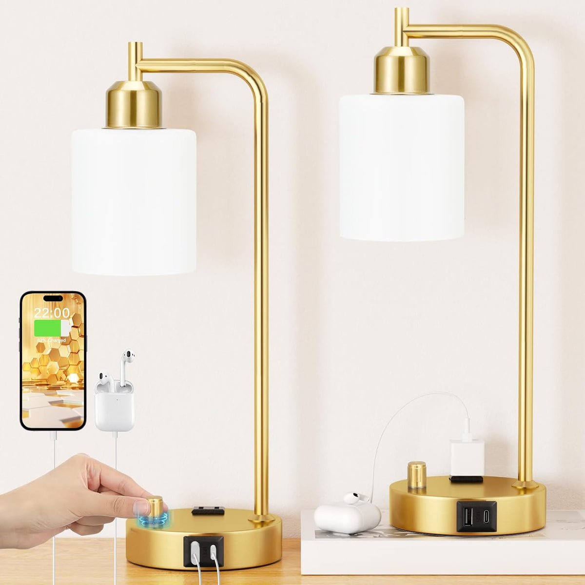 Innqoo Industrial Table Lamps for Bedroom Set of 2 - Fully Dimmable Bedside Lamps with USB Ports and Outlet, Gold Nightstand Lamps with Opal Glass Shade for Living Room, Desk Lamps for Office Reading