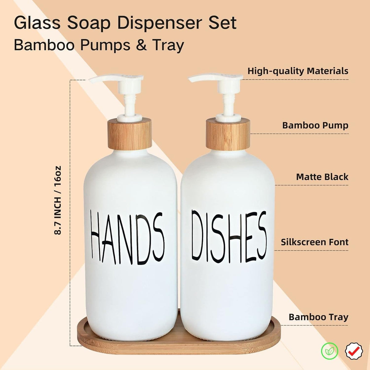 Glass Soap Dispenser Set - Hand Soap and Dish Soap Dispenser with Bamboo Tray. Vintage Soap Dispenser with Pump for KitchenKitchen Drain Outlet and Bathroom. Stylish Permanent Labels (Matte White)