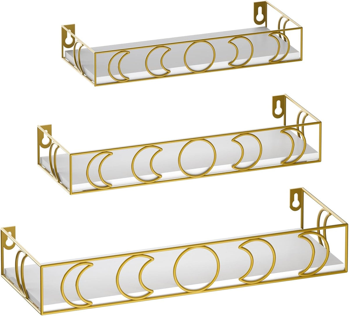 Moon Phase Wall Shelf, 3 Gold Side White Base Floating Shelves