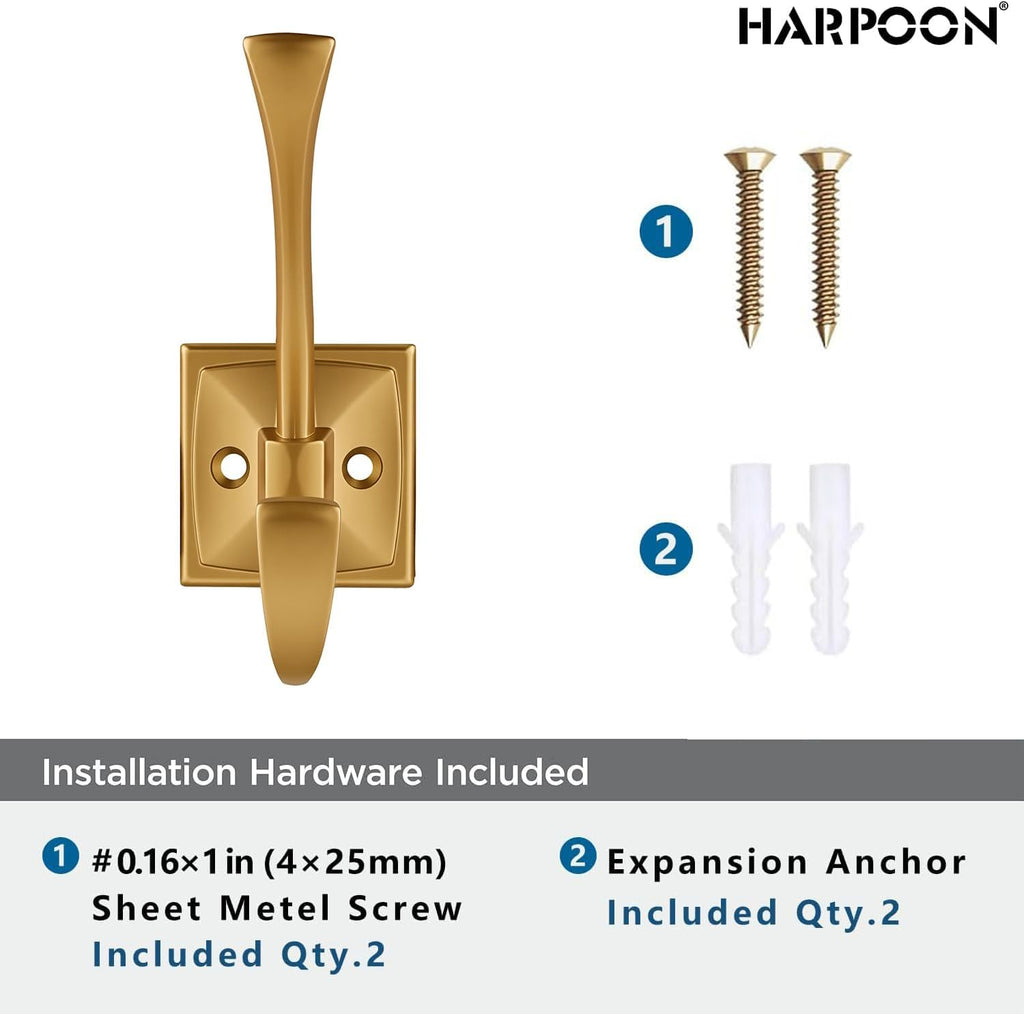 HARPOON 5 Pack 4.3" Double Prong Wall Hooks Brushed Gold Coat Towel Hooks