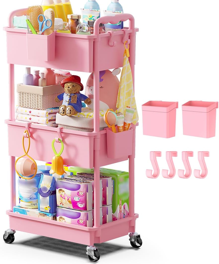 Goovilla Diaper Cart with Lockable Wheels and Easy Assembly, 3 Tier Pink