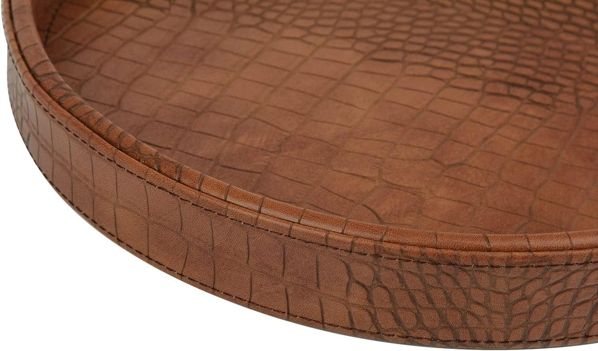 HofferRuffer Faux Leather Round Serving Tray, Vegan Croco Leather Decorative Food Tray for Storage Drinks, Snack & Cosmetics, Dia.12'' x 1.6'' (Antique Brown)