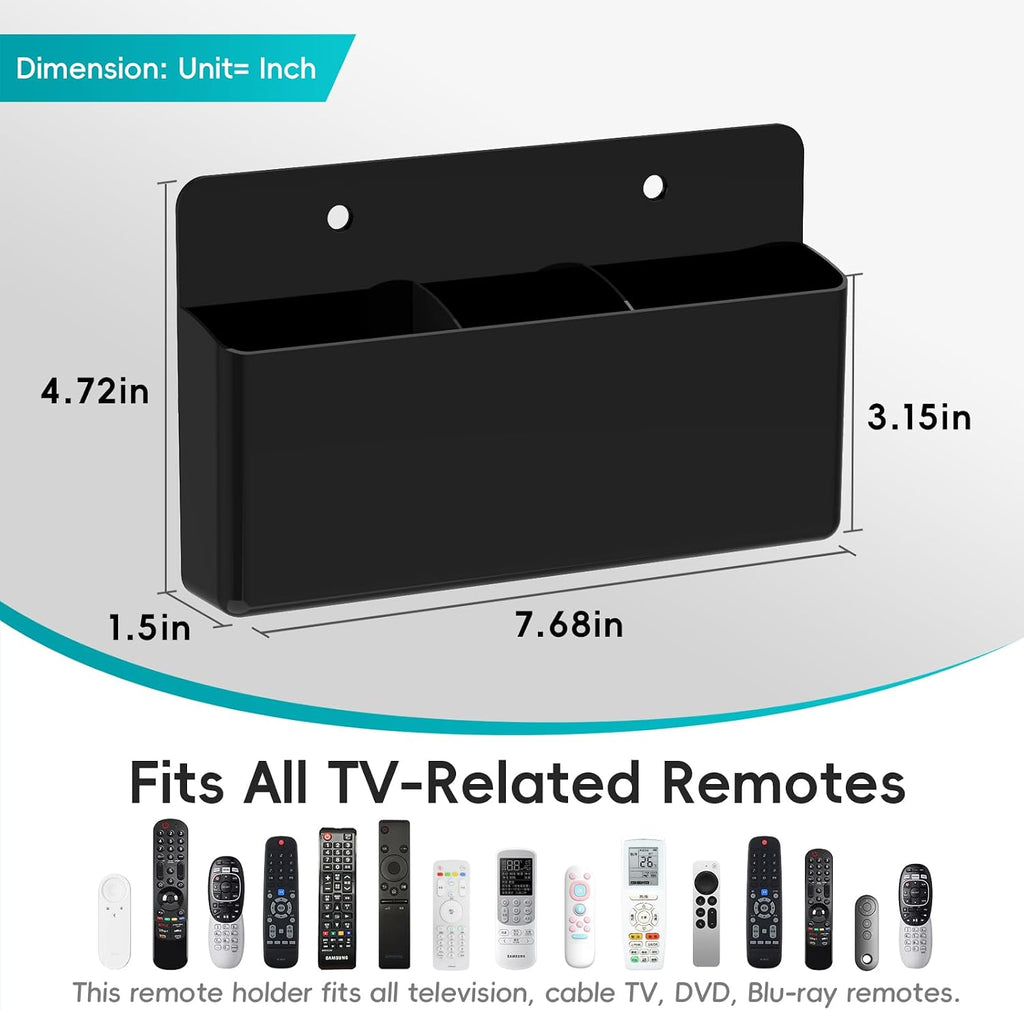 DRQ 3 Slot Remote Control Holder, Adhesive Wall-Mount Remote Holder, Black