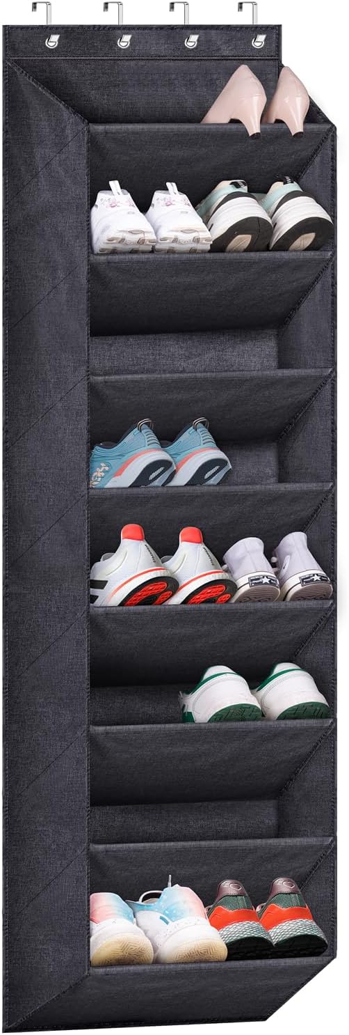SLEEPING LAMB Over The Door Shoe Organizer for Closet with 8 Large Deep Pockets and Short Hanging Shoe Organizer for Closet Storage with Mesh Side Pockets Holds 8 Pairs, Grey