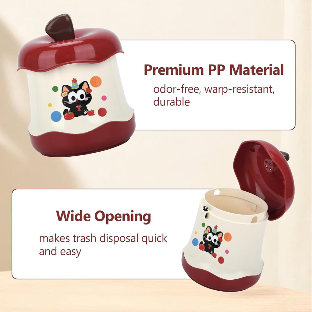 Cute Mini Desktop Trash Can - Small Desk Garbage Bin with One-Touch Press Lid - 6.3 Inch Plastic Waste Basket for Home Office, Bedroom, Vanity, Car - Cat Design (Red)