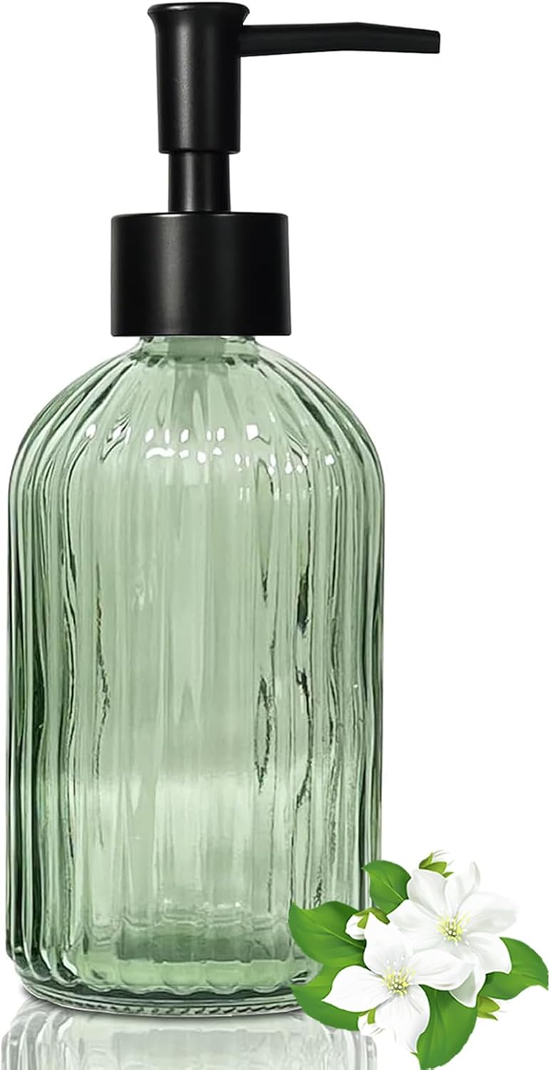 14Oz Green Glass Soap Dispenser with Plastic Pump, for Kitchen, Bathroom