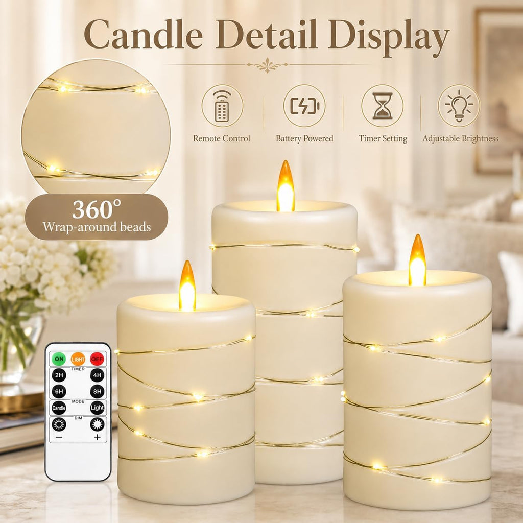 Upinmz Flickering Flameless Candles with String Lights, Battery Operated Candle, LED Pillar Fake Candle with Remote Control and Timer -3 Pack Ivory White