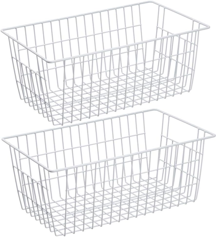 SANNO Freezer Baskets Pantry Storage Baskets Bin Wire Metal Storage Basket, Modern Farmhouse Metal Closet Bins Large Storage Organizer for Pantry, Shelf, Kitchen, Cabinet, Bathroom, White