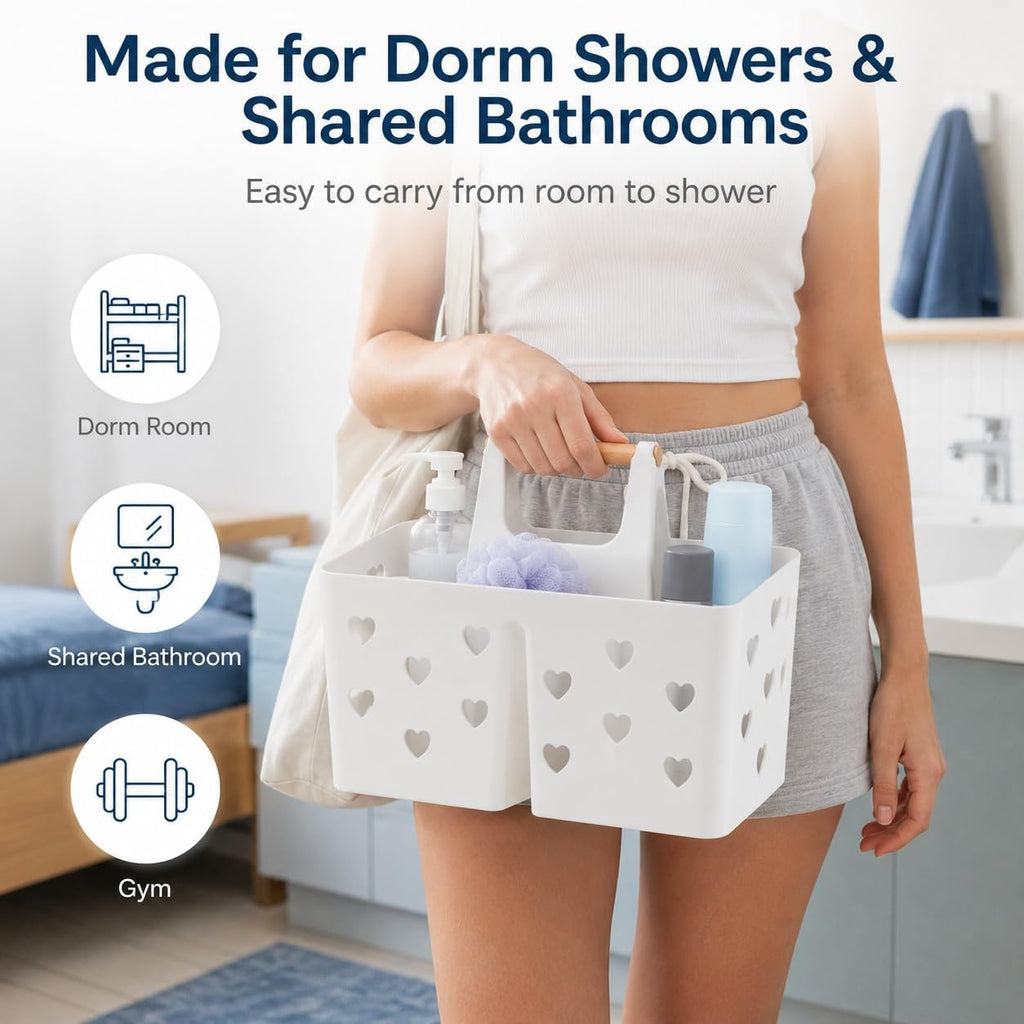 White Portable Shower Caddy, Plastic Basket Organizer with Wooden Handle