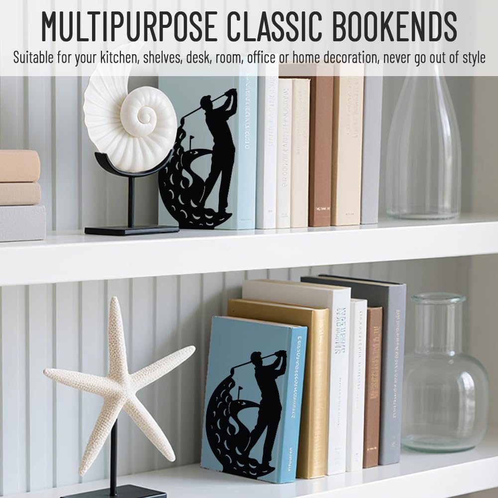 WADORN 1 Pair A People Playing Golf Metal Decorative Bookend for Shelves, Heavy Duty Book Ends Modern Non-Skid Books Holder Stand Black Book Support Stoppers for Office Desk Bookshelf, 5.3x4.3x7.8in