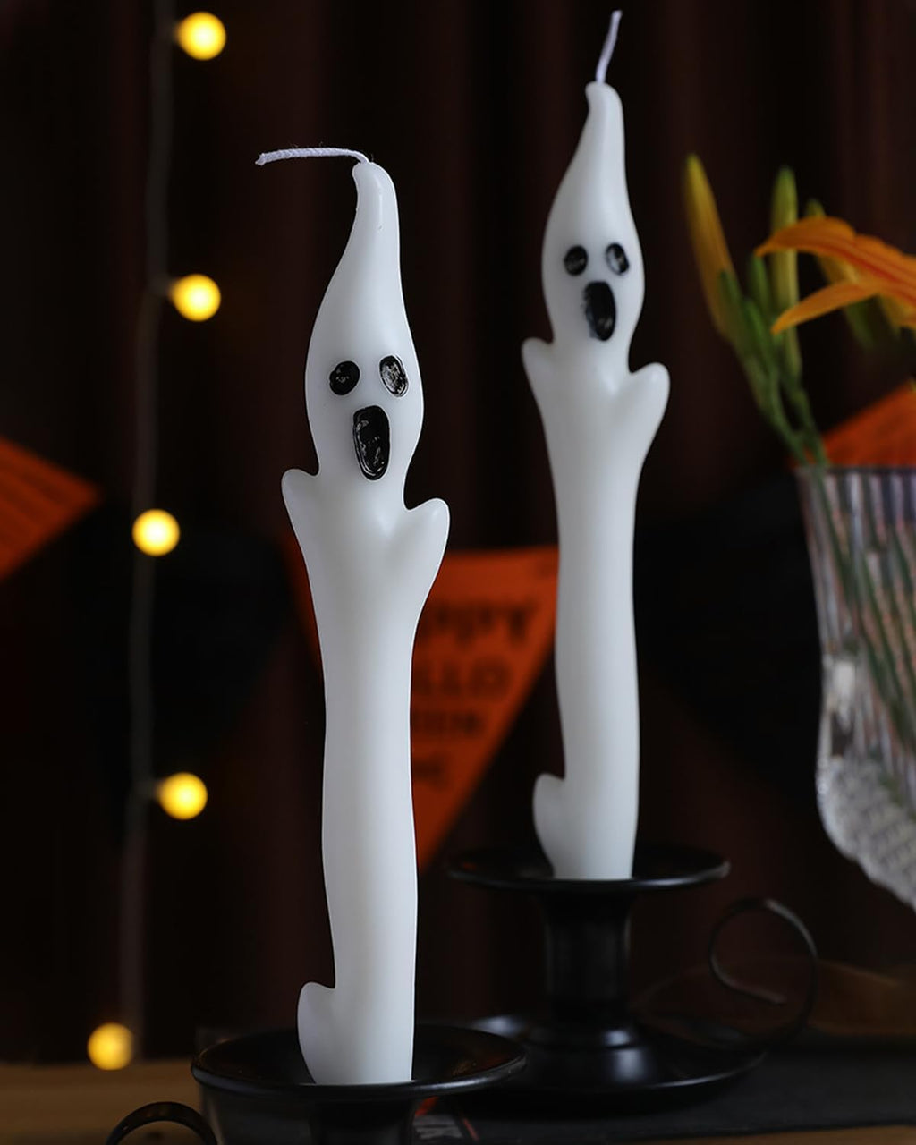 10inch Ghost Taper Candles White Tall Taper Candle with Decorative Candlestick for Halloween Table Decorations,Set of 2