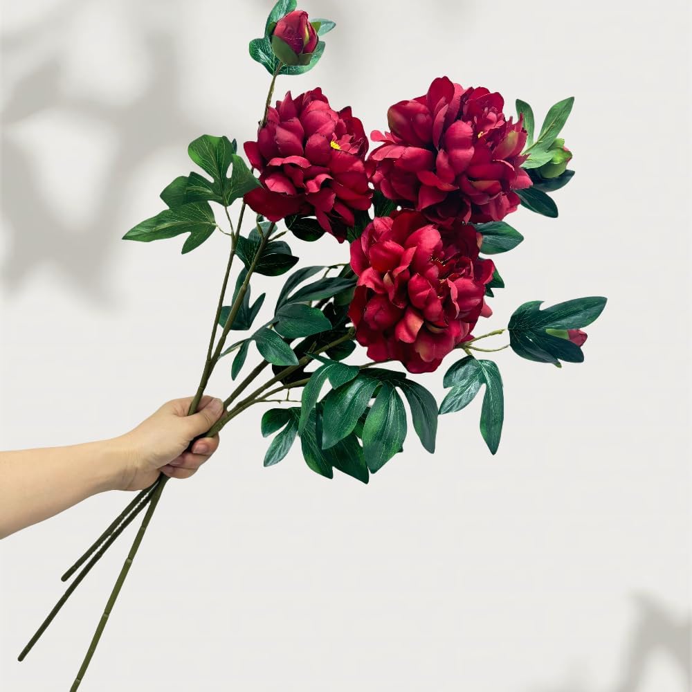 3 Pieces Peonies Artificial Flowers,Silk Flowers with Stems,27" Winter Flowers Artificial for Decoration,Long Stem Artificial Flowers for Tall Vase,Wedding Table Centerpiece Party Decor(Red)