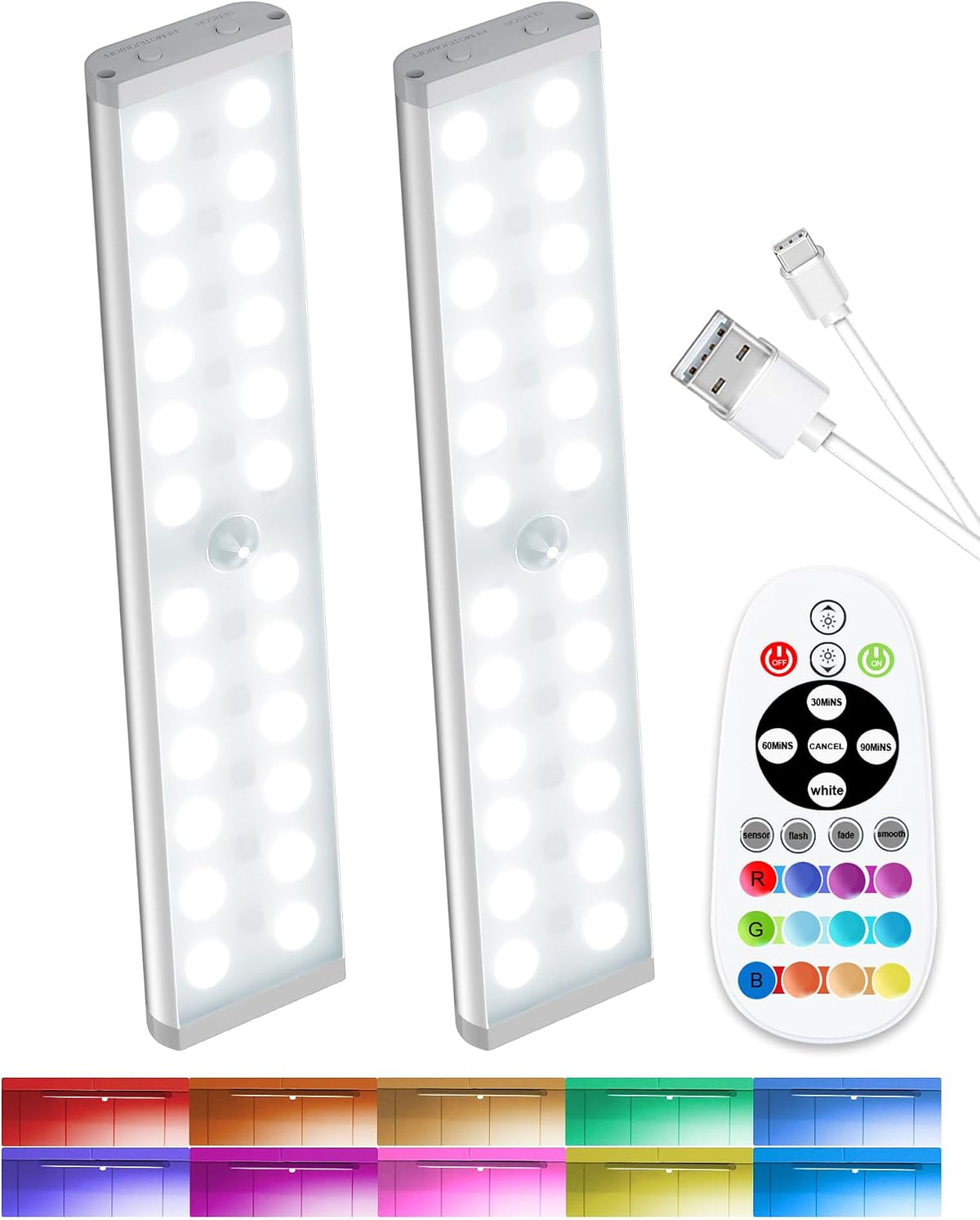 SZOKLED Motion Sensor Night Lights, 58-LED RGB Under Cabinet Lighting Wireless, 1100mAh Rechargeable Under Cabinet Lights Dimmable Closet Lights for Step, Stair, Kitchen,Hallway (2 Pack)