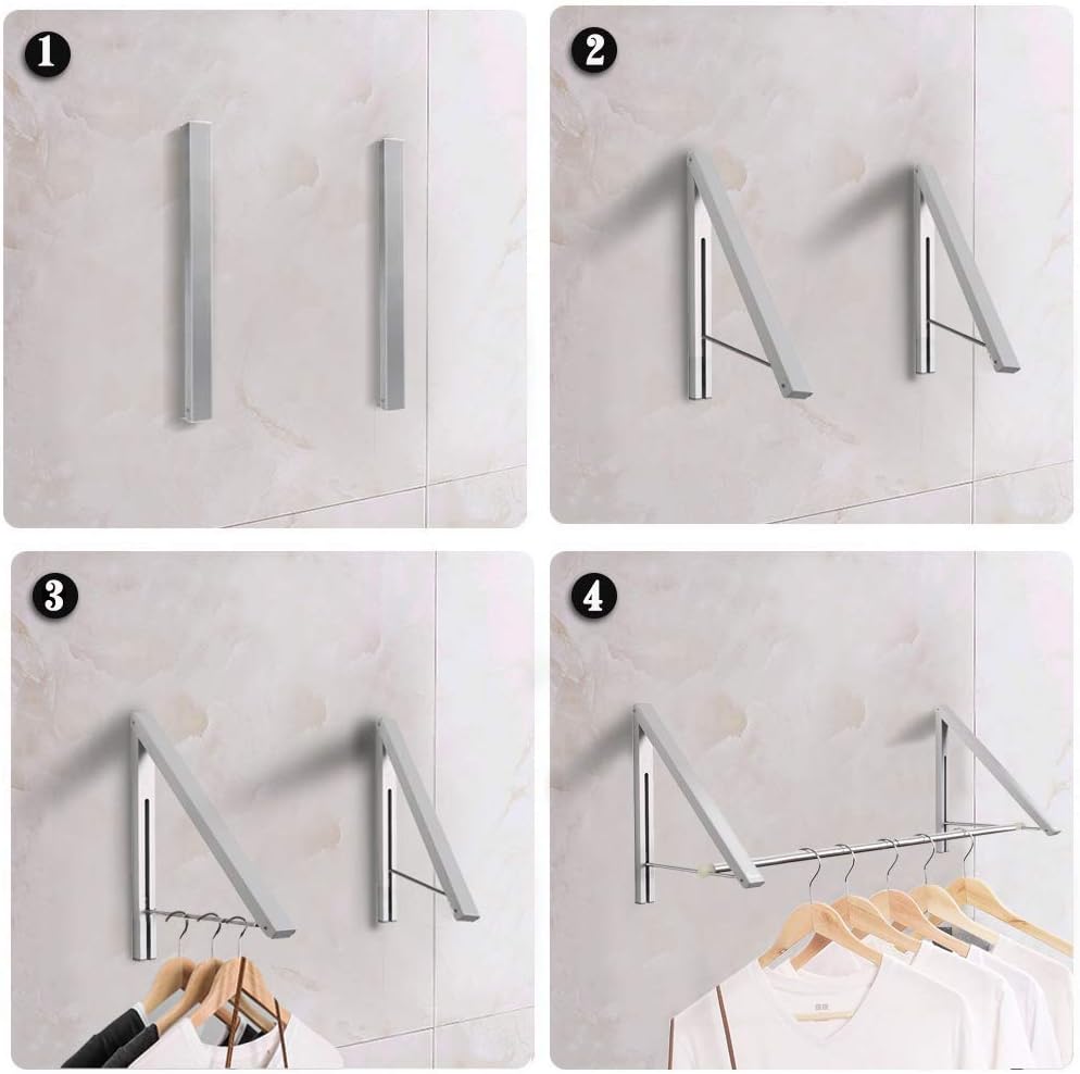 Laundry Room Drying Rack Wall Mounted Clothes Hanger Folding Wall Coat Racks Aluminum Home Storage Organiser Space Savers Silver 2 Rakcs with Rod
