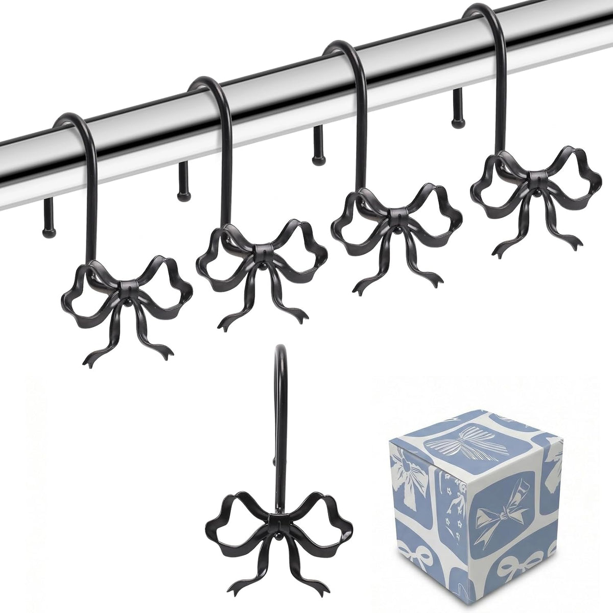Bow Shower Curtain Hooks, 12-Pack Black Metal Decorative Bow Knot Rings