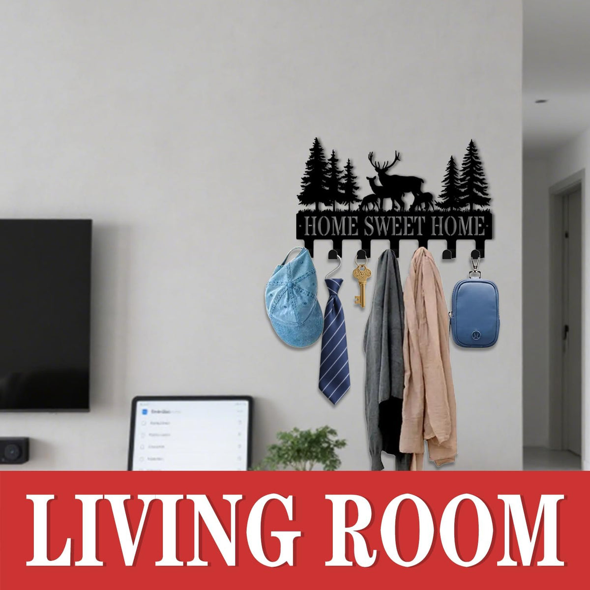 Key Holder Wall Mount, Home Sweet Home Sign, Deer Sign, Key Holder Wall for Wall Decorative with 6 Hooks, Organizer Rack Hanger for Entryway, Front Door, Hallway, Office 9.8 inches