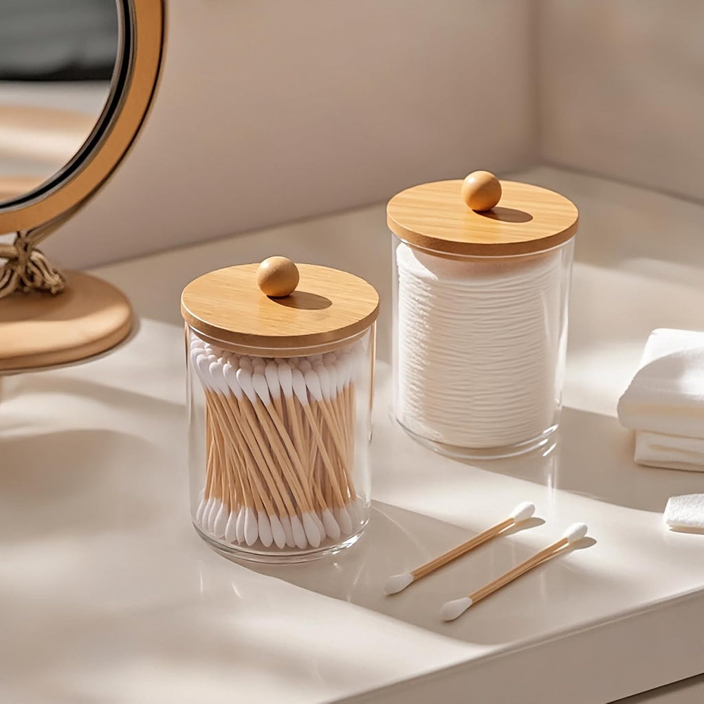Bathroom Counter Organizer & Qtip Holder - 2-Piece 10oz Clear Plastic Apothecary Jar With Bamboo Lid, Cotton Swab Dispenser For Vanity Stuff, Hair Tie Storage & Boho Accessories