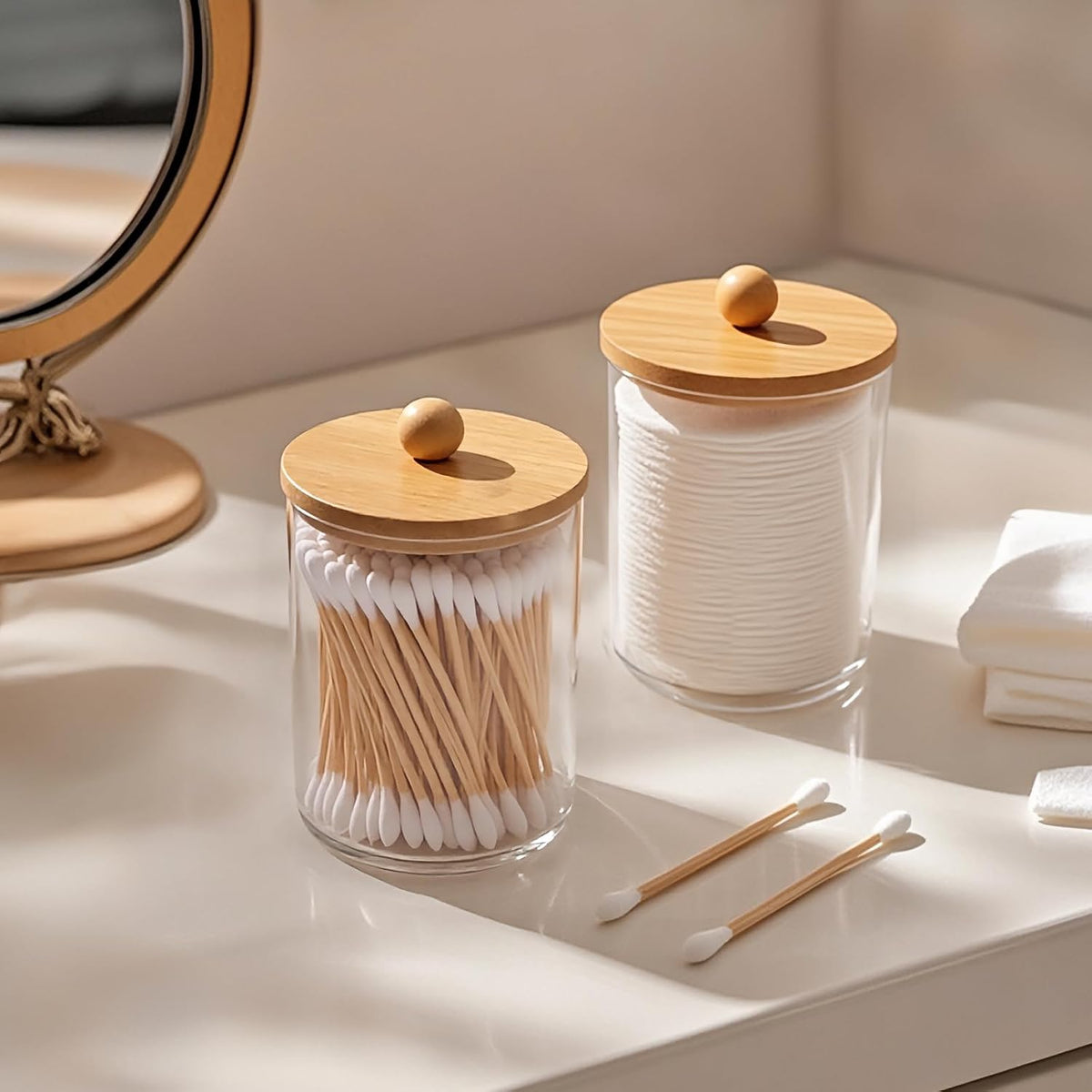Bathroom Counter Organizer & Qtip Holder - 2-Piece 10oz Clear Plastic Apothecary Jar With Bamboo Lid, Cotton Swab Dispenser For Vanity Stuff, Hair Tie Storage & Boho Accessories
