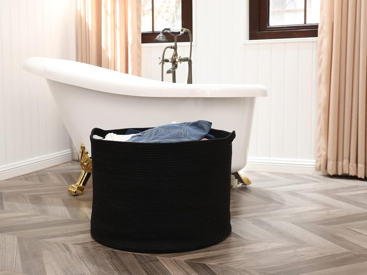 24x24x17 Inch Cottonphant Extra Large Round Blanket Basket for Living Room, Open Woven Cotton Rope Storage Basket, Jumbo Bin for Bedroom Playroom, Black