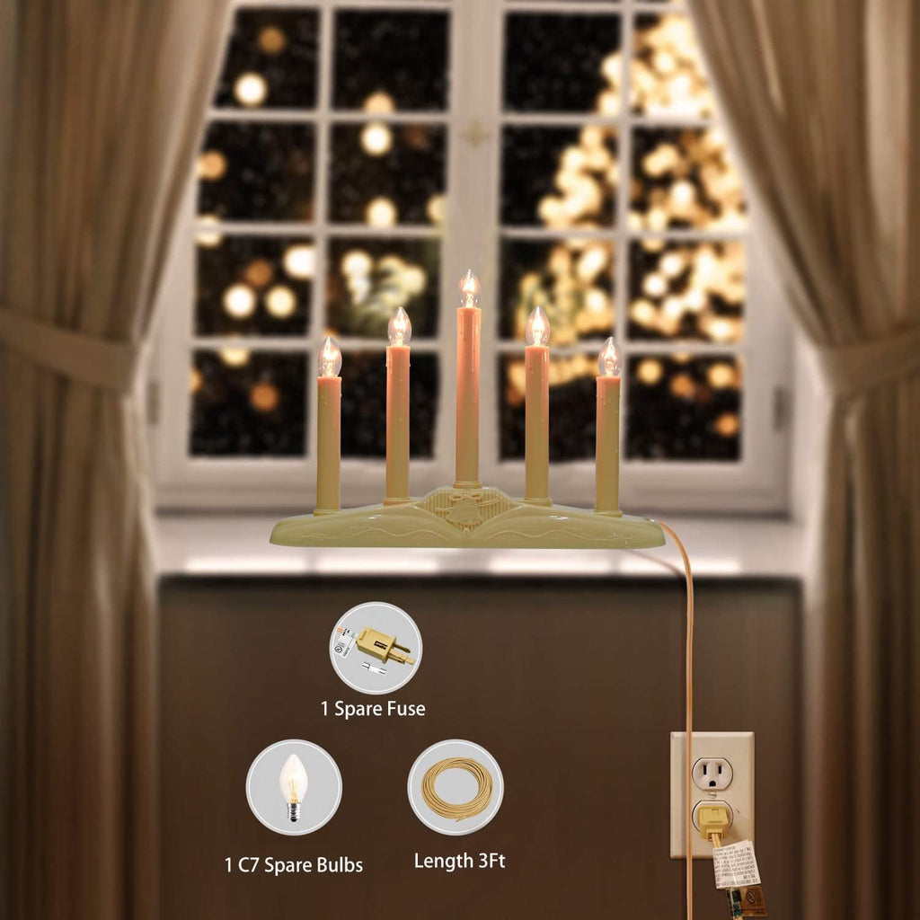 GOOTHY 5 Lights Electric Window Candle Lamp, 1 Pack Christmas Electric Candoliers Ivory Base with 6 Clear C7 Bulb (1 Spare Bulb), 5 Watt, 3Ft Cord, Candle Lamp Plug in and Ready to Use