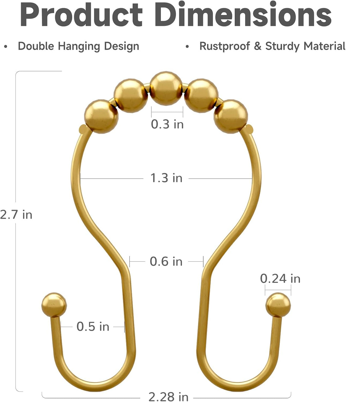 Bathway Shower Curtain Hooks, Shower Curtain Rings Rust Proof Double Hook Shower Curtain Hooks, 12 Pcs Bright Gold Shower Hooks for Shower Curtain, Shower Rings for Curtain, Metal Shower Rod Hooks