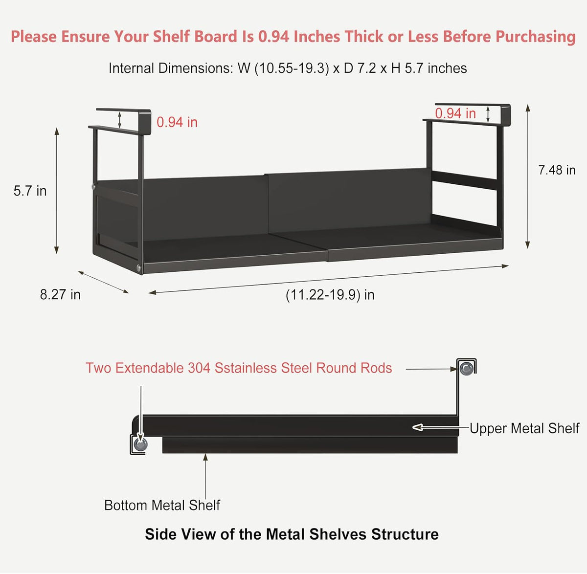 Expandable Under Cabinet Shelf Organizer with 0.94-Inch Thick Clips, Heavy Duty Extendable Under Shelf Storage Basket for Pantry or Laundry Room, Black, 1 Pack, Interior: 5.7" H x 7.2" D