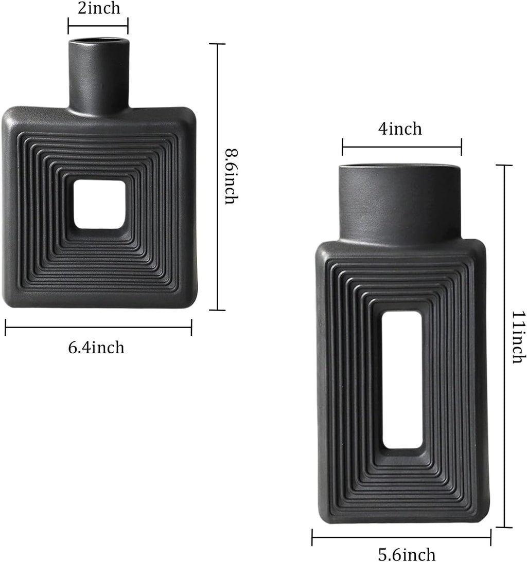 Black Ceramic Vase Set of 2，Square Vase Rustic Home Decor Minimalist Nordic Boho Style for Living Room, Shelf, Table, Bookshelf, Mantel and Entryway Decor Vases